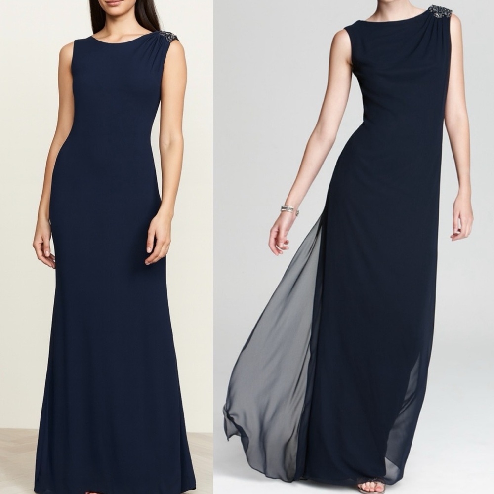 Tadashi Shoji Full Length Embellished Shoulder Open Back Gown Dress in Navy